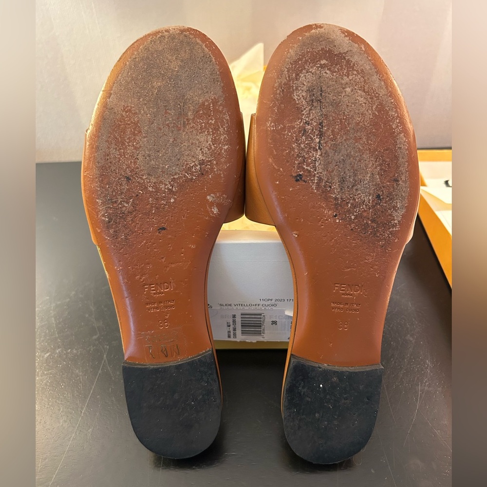Fendi Tan Leather Slides with FF Cutout - Picture 6 of 7